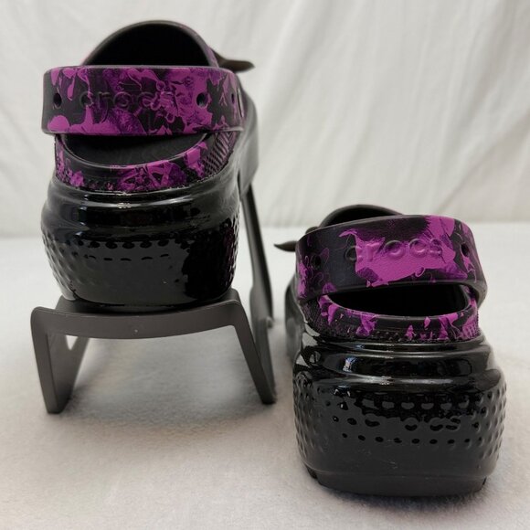 Crocs Platform Sandals Floral Print Purple Black w/Flower Croc Charms - Picture 2 of 10